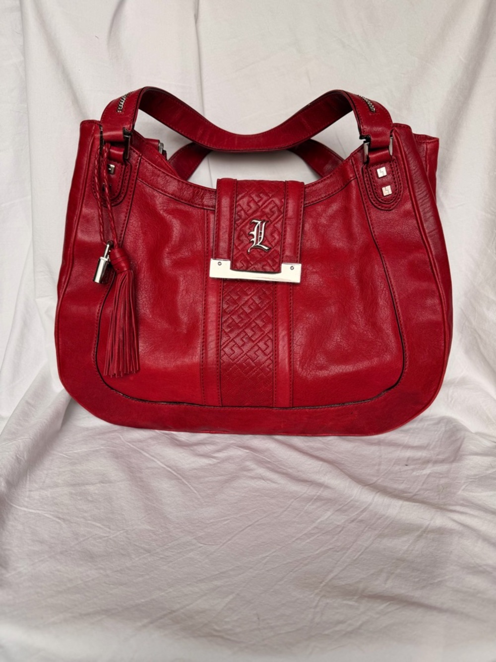 L.A.M.B. Cherry Red Leather Shoulder Hobo with Tassel Charm